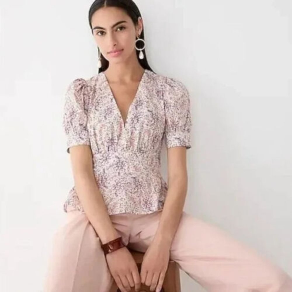J. Crew Collection Top 12 Puff Sleeve V Neck Ratti Paisley Garden BK817